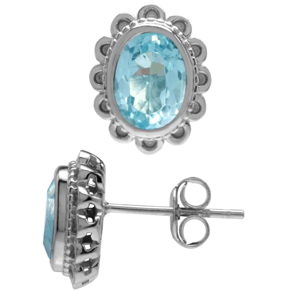 925 Sterling Silver & 14K Genuine Aquamarine Post Earrings
